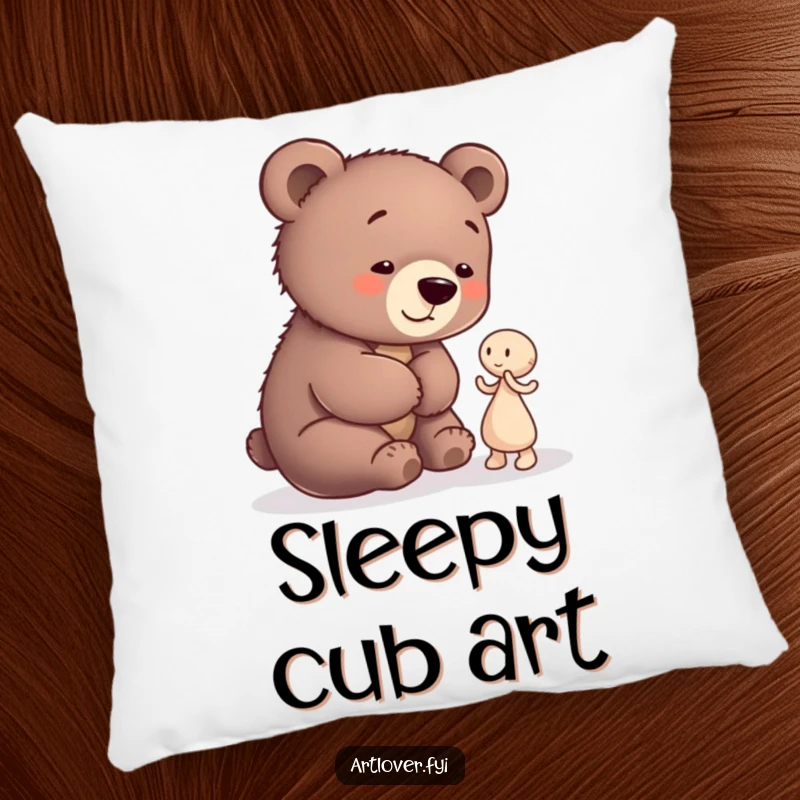Funny Bear Cub Artist Pillow: A playful bear cub admiring abstract clay art, offering a comfortable and funny decorative accent.