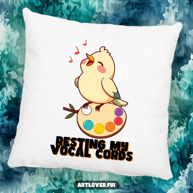 Funny pillow featuring a happy bird singing on a colorful palette, adding cheerful artistic comfort.