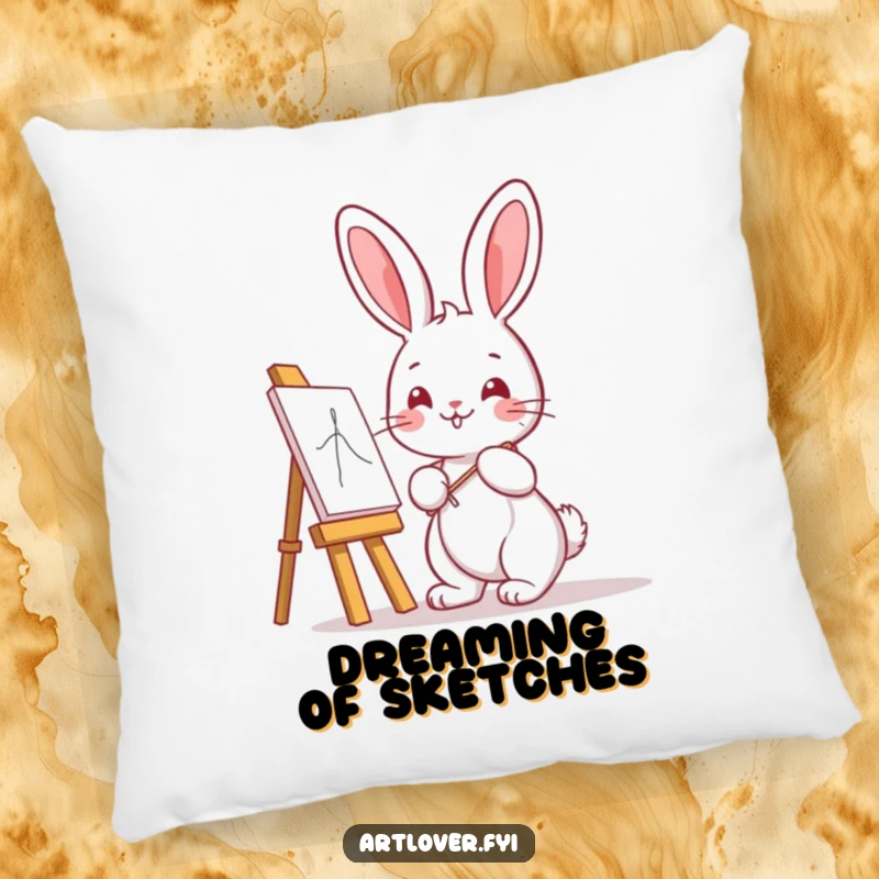 Funny Bunny Artist Pillow with a cute kawaii bunny and easel, offering comfort, artistic flair, and a humorous touch.