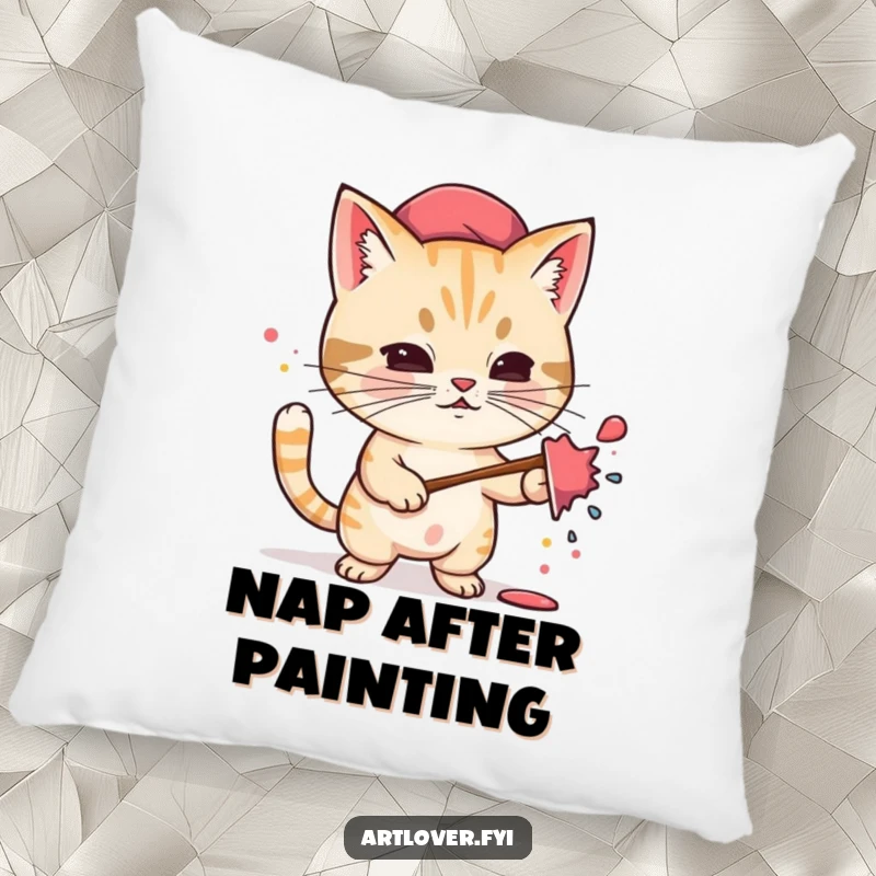 Funny pillow showcasing a small, determined cat artist in a beret, enthusiastically splattering paint, adding humorous comfort to any space.
