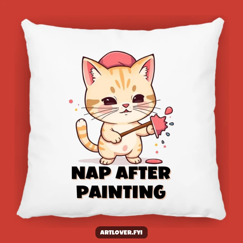 Funny Cat Artist Pillow: Cozy Cushion with a Determined Feline Splattering Paint, Novelty Gift