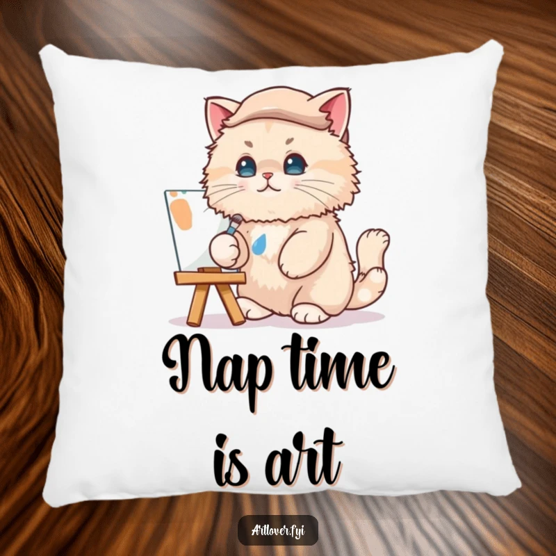 Funny Cat Artist Pillow: A beret-wearing cat artist humorously dabs paint, offering a comfortable and funny decorative touch.
