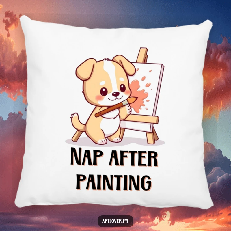 Funny Dog Artist Pillow: Cute dog artist character creating art, splashing colorful paints on a canvas, perfect for comfort.