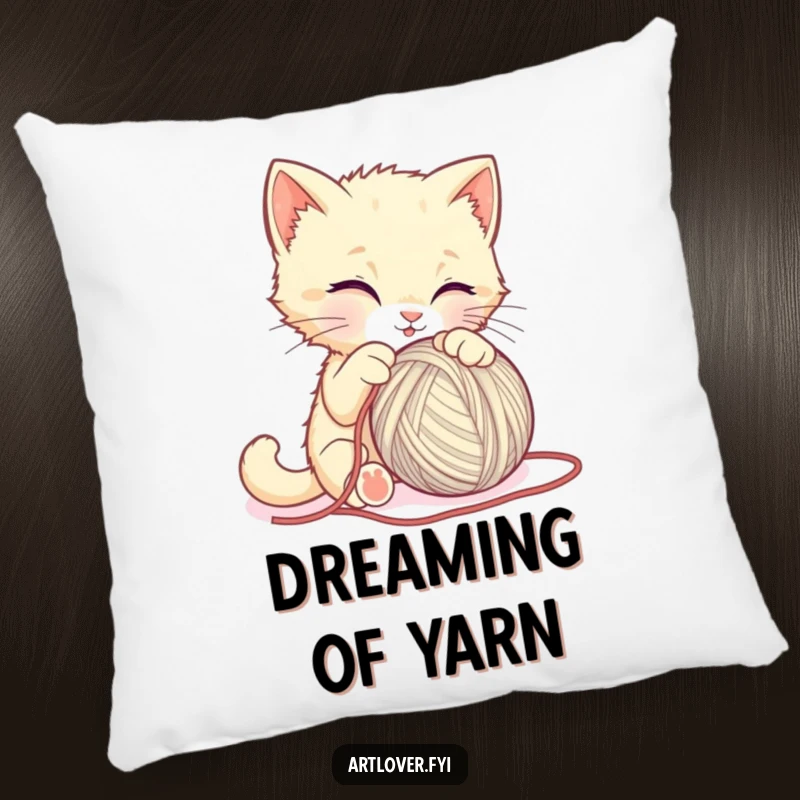 Funny kitten pillow, a sweet cat hilariously working on a ball of yarn, adding comfort and laughter to any room.
