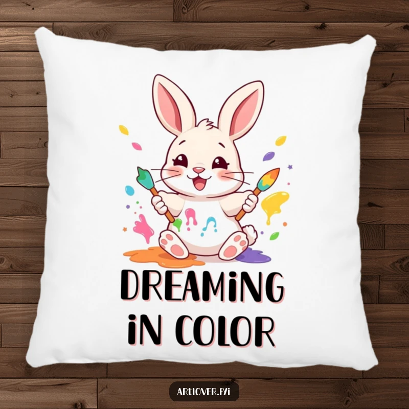 Funny Rabbit Painter Pillow: A happy rabbit artist mixing colorful paints, offering a comfortable and funny decorative accent.