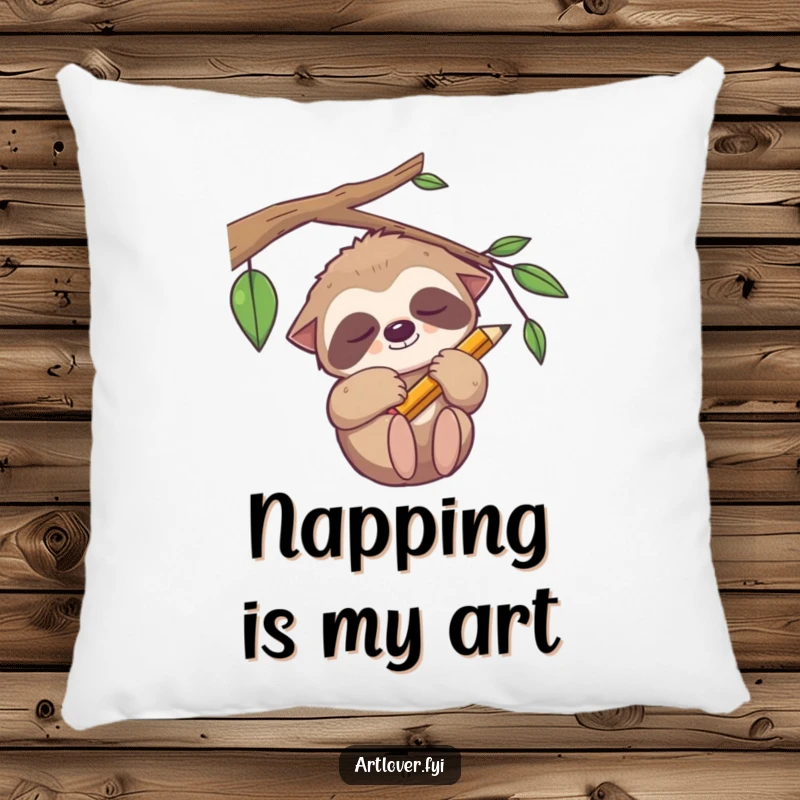 Funny sleepy sloth pillow, a relaxed artist holding a pencil, perfect for adding comfort and charm.