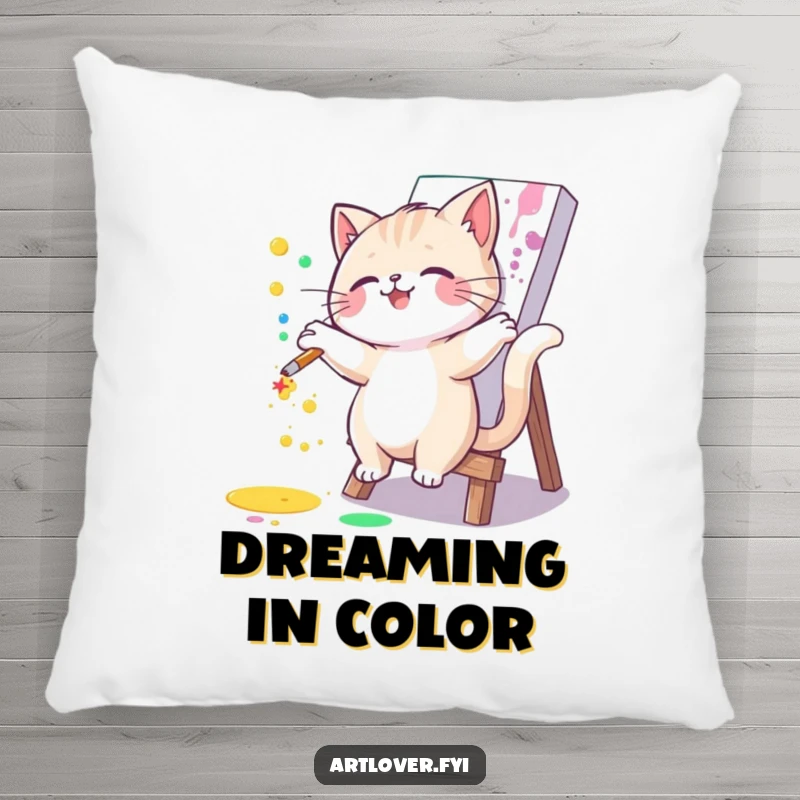 Funny cat pillow with a joyful artist cat joyfully splattering paint on a canvas. Soft, comfortable, and humorously artistic accent.