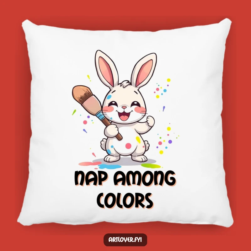 Funny Rabbit Artist Pillow: Soft Joyful Character Splattering Colors, Cozy Humorous Decor!