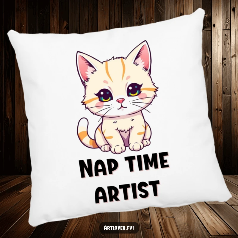Funny Cat Artist Pillow with a cat enthusiastically painting with bright colors, a cozy and funny gift.