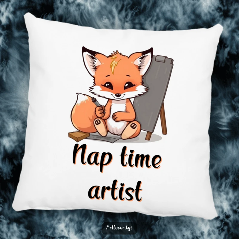 Funny fox cub pillow, a mischievous cub sketching with charcoal, adding a touch of artistic charm to home decor.