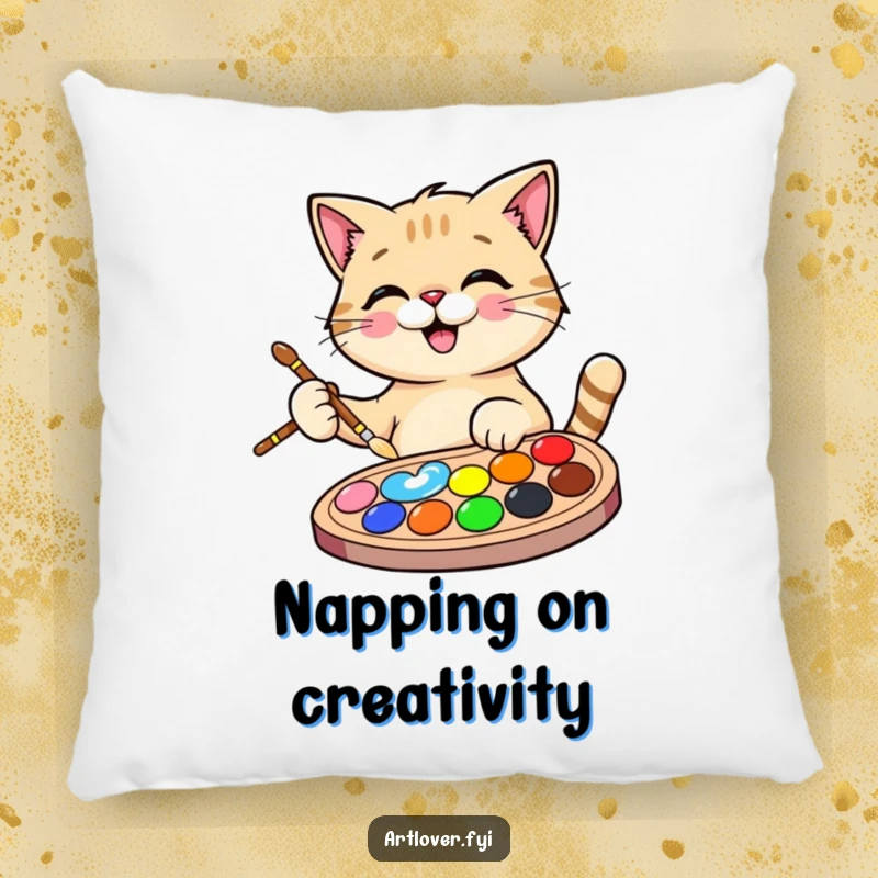 Funny Cat Artist Pillow with a happy cat holding a paintbrush and palette, offering comfort, artistic flair, and a humorous touch.