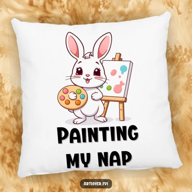 Funny rabbit pillow featuring a playful bunny artist with a palette, dabbing paint onto a canvas, adding cozy artistic flair.
