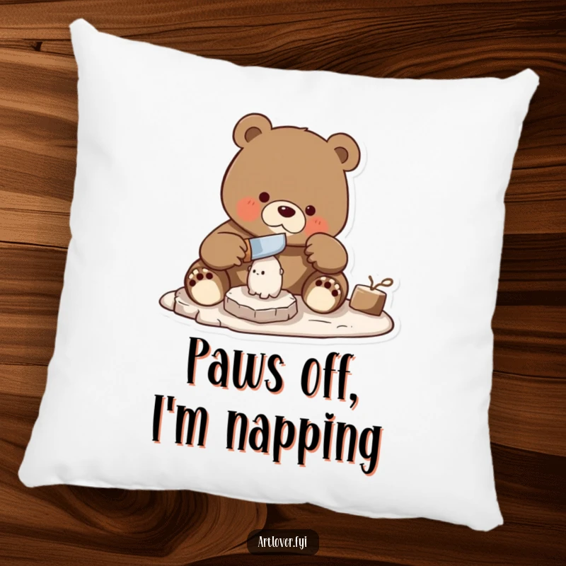 Funny bear skillfully using a chisel to carve a small statue, a soft and artistic accent pillow.