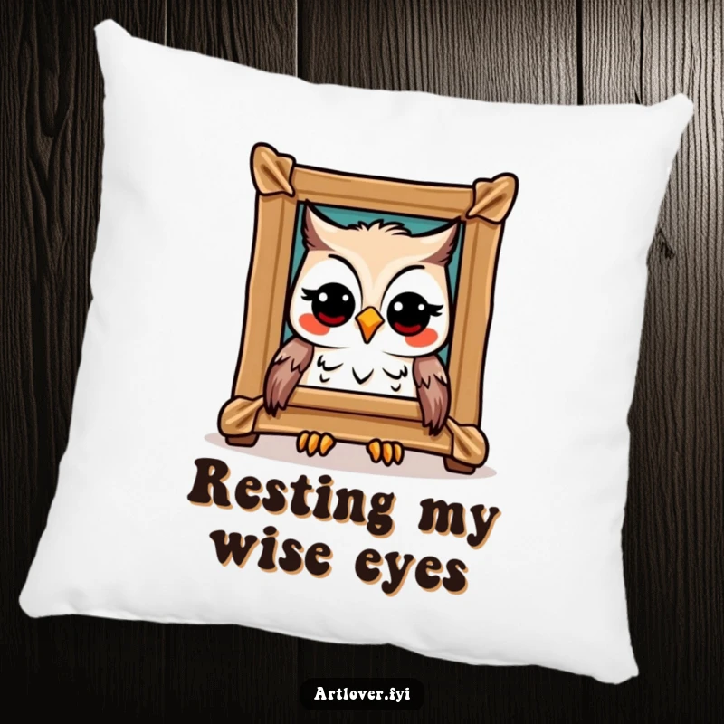 Funny Owl Art Pillow: A joyful owl admiring a framed masterpiece, bringing comfort and artistic charm, wonderful funny gift.