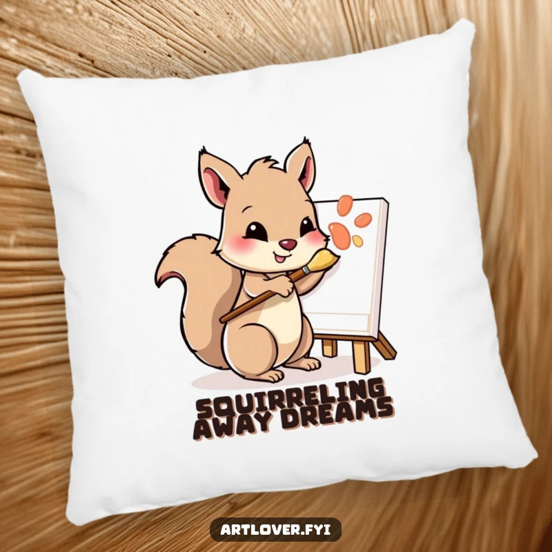 Funny pillow showcasing a playful squirrel character, paintbrush in paw, dabbing at a canvas, adding artistic comfort.