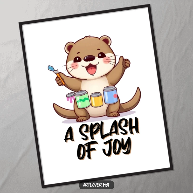 Funny Digital Art Print: A delighted otter artist joyfully balancing colorful paint cans, creating a funny and artistic scene, great gift.