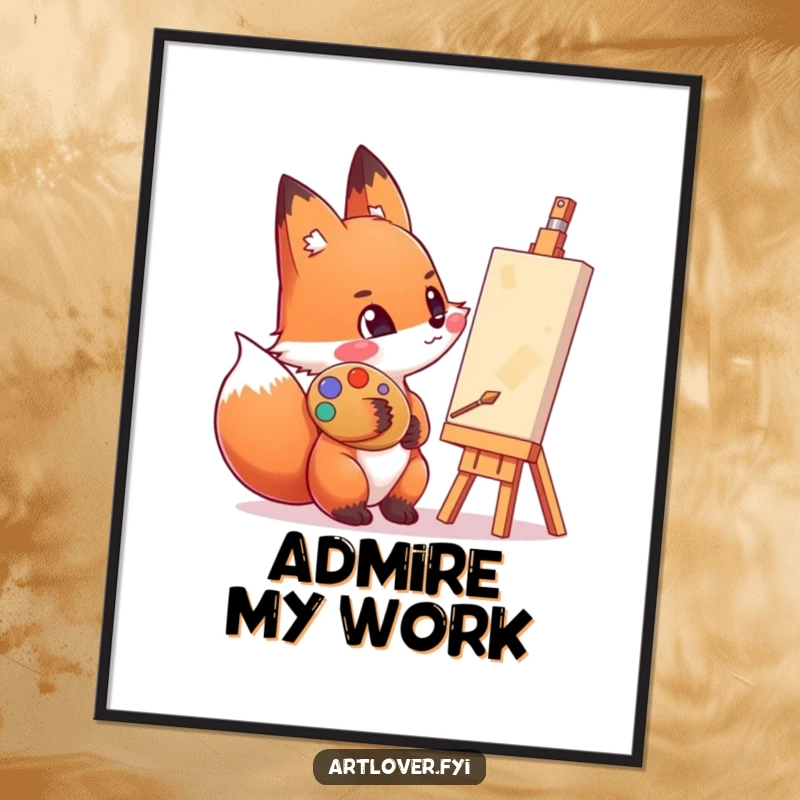 Funny digital art print of an enthusiastic fox with a paint-smeared cheek, admiring a canvas, celebrating art.