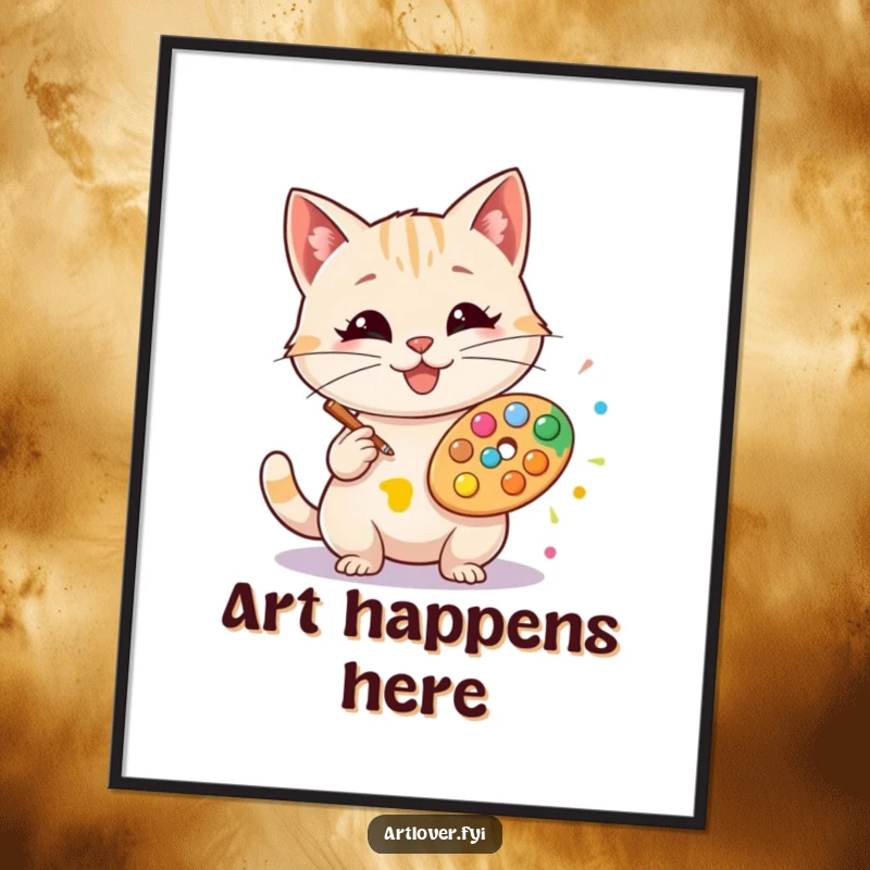 Funny artist cat digital art print, a happy cat artist creating a colorful art splat, bringing creativity.