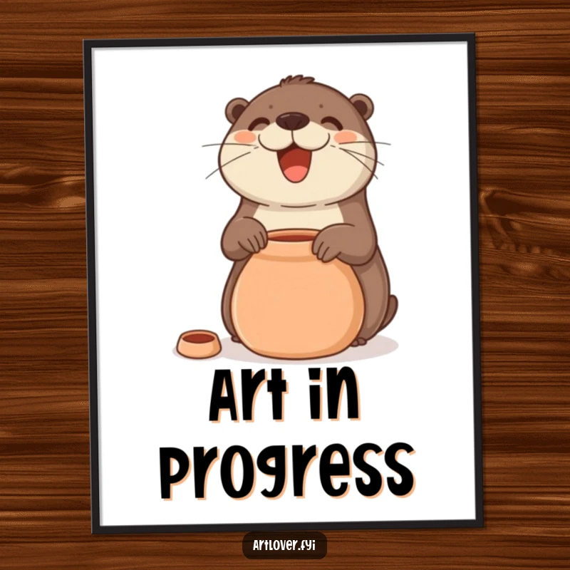 Funny Digital Art Print of a joyful otter with a smile, creating a clay pot, ready to be printed and displayed.