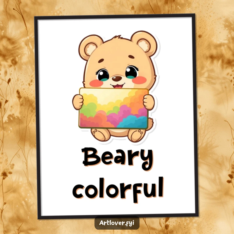 Funny digital art print of a happy bear cub character, eyes gleaming, proudly displaying a vibrant, colorful painting it made.