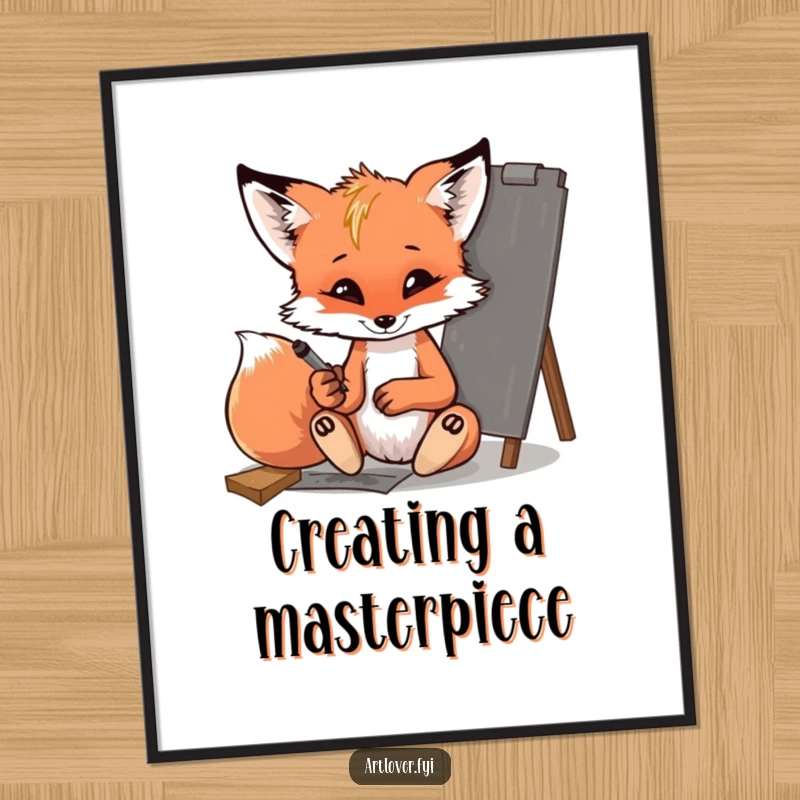 Funny fox cub digital art print, mischief and art combined, a cub sketching with charcoal, ready to hang.