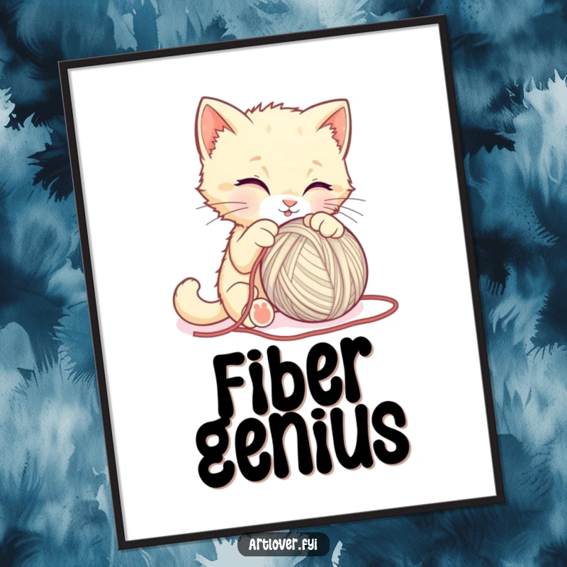 Funny kitten digital art print, a sweet cat hilariously trying to sculpt a ball of yarn, perfect for whimsical home decor.