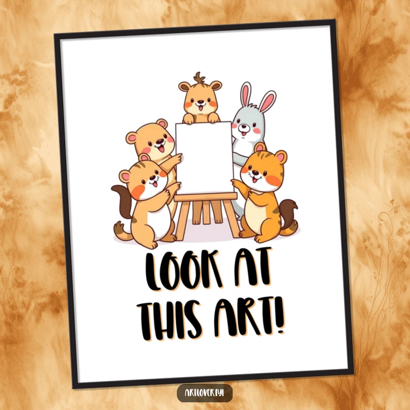 Funny digital art print of a group of happy animals gathered around an easel, pointing and smiling, ready for printing.