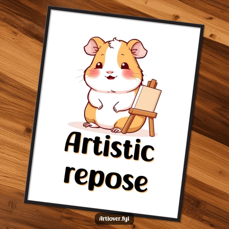 Funny Artist Guinea Pig Digital Art: Contented guinea pig smiles beside a small easel, artistic and humorous digital download.
