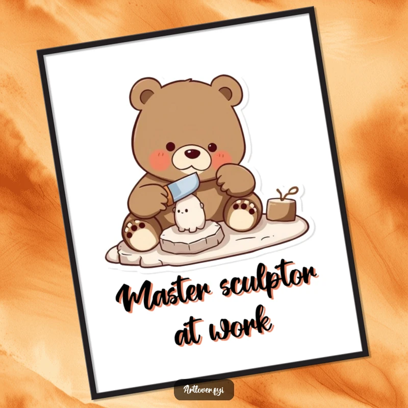 Funny bear skillfully carving a small statue with a chisel, a humorous and inspiring digital art print.