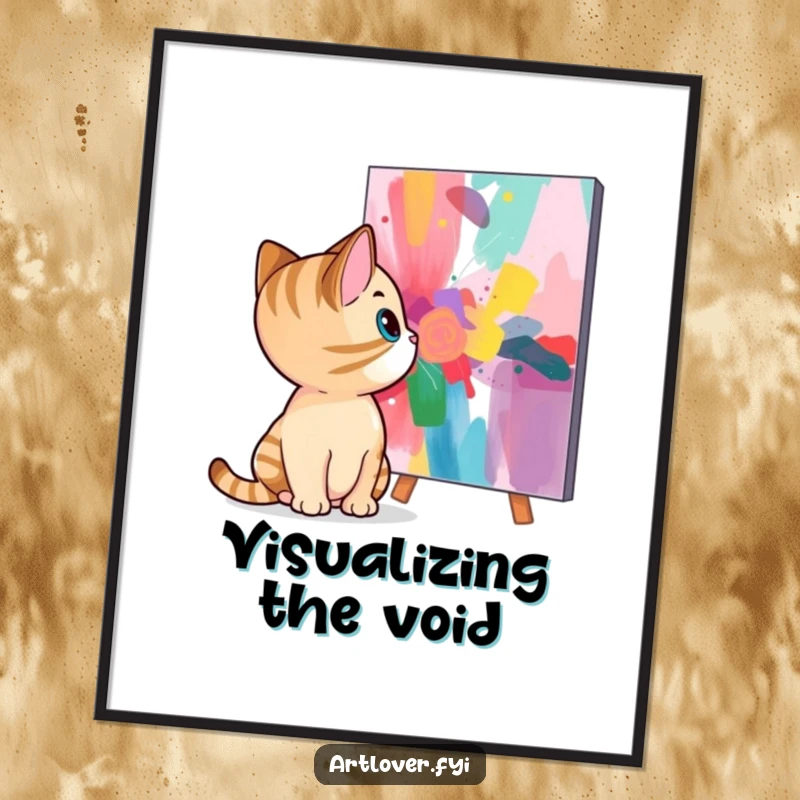 Funny cat digital art print of a curious feline gazing at a vibrant abstract painting, ideal for instant, humorous wall decor.