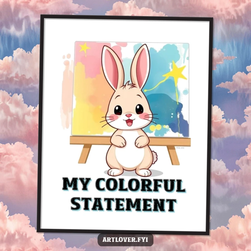 Funny Digital Art Print: A playful bunny poses confidently before a vibrant abstract canvas, radiating artistic energy and fun.
