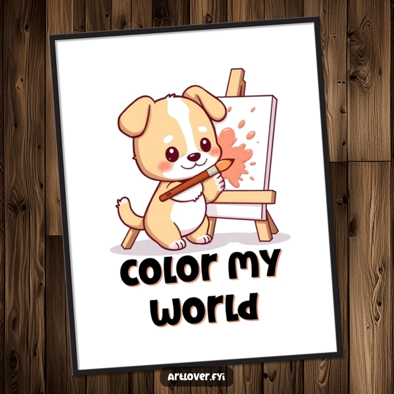 Funny Dog Artist Digital Art Print: High-quality image of a cute dog character enthusiastically splashing colorful paint onto a canvas with a brush.