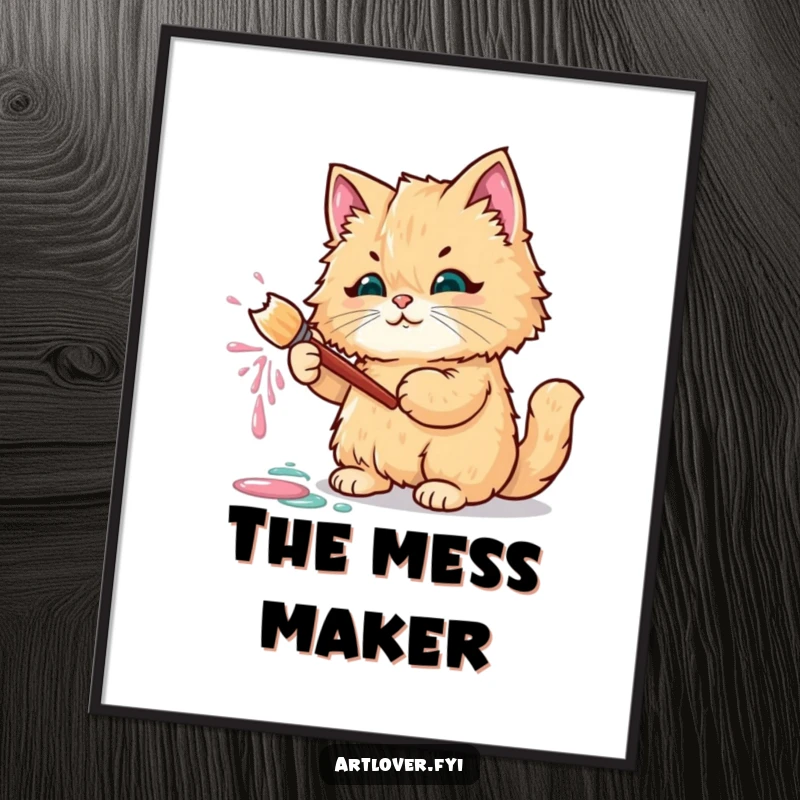 Funny digital art print of a fluffy cat holding a paintbrush, splattering colorful paint with abandon.