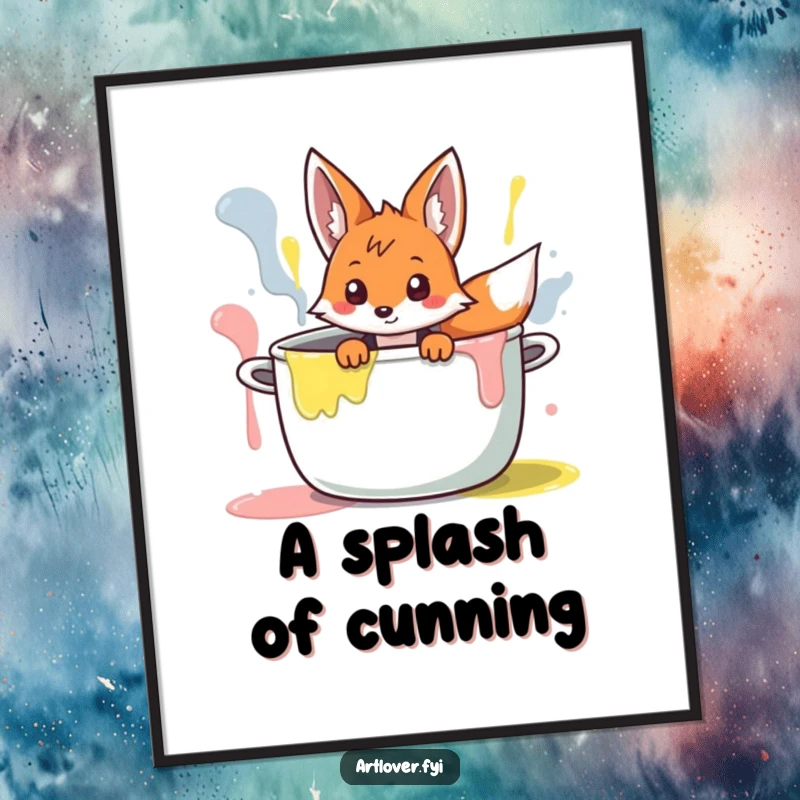 Funny Fox Artist Digital Art Print: High-quality image of a curious fox character peeking from a giant paint pot.