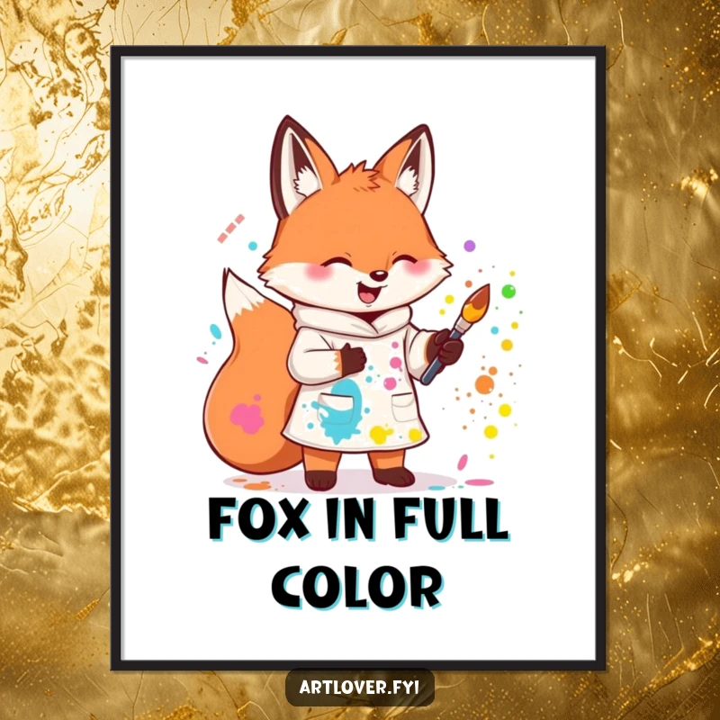 Funny digital art print of a cute fox artist gleefully splattering paint, embodying creativity. Whimsical wall decor.