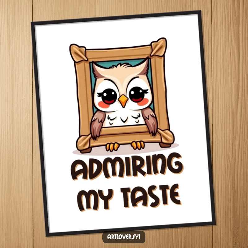 Funny Owl Art Digital Art Print: A joyful owl admiring a framed masterpiece, high-resolution file full of charm, excellent funny gift.