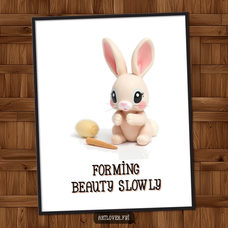 Funny digital art print of a rabbit with focused eyes carefully sculpting a small clay figure, celebrating artistic dedication.