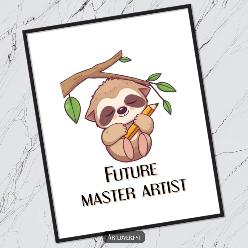 Funny sleepy sloth digital art, a relaxed artist hanging with a pencil, perfect for instant wall art.