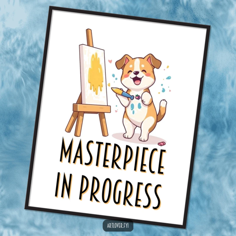 Funny digital art print of a dog artist joyfully splashing paint on a canvas with a brush, a humorous masterpiece.