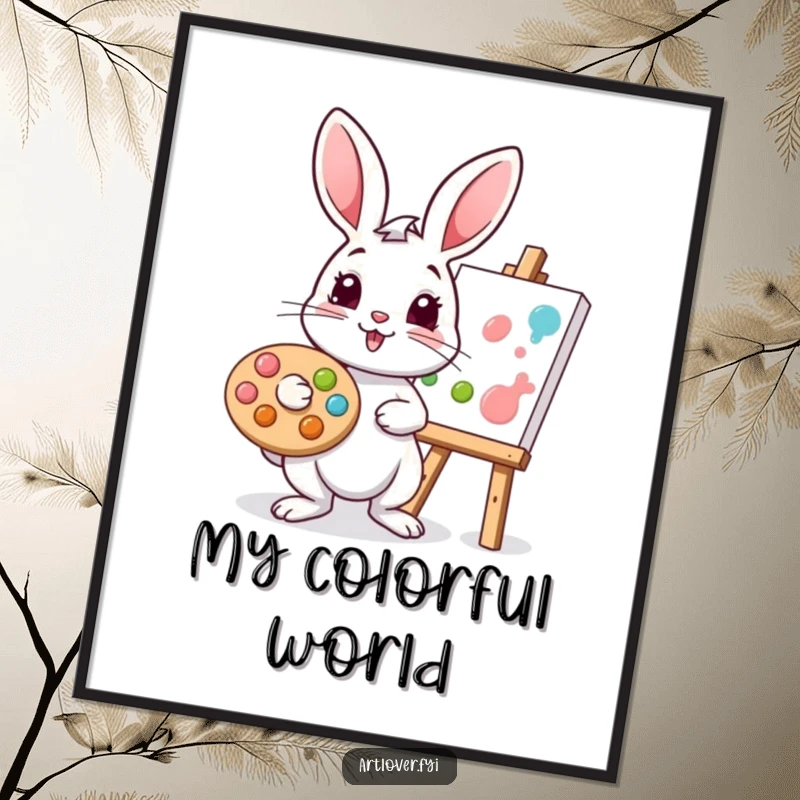 Funny rabbit digital art print of a playful bunny artist with a palette, dabbing paint onto a canvas, for instant decor.