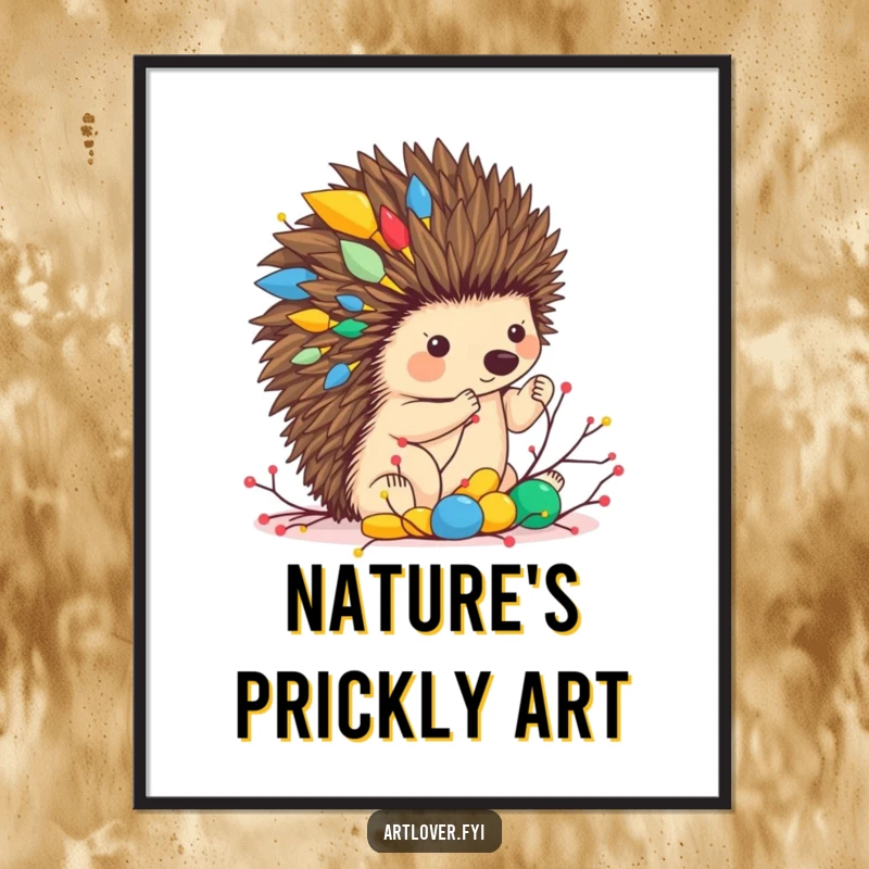 Funny digital art print of a hedgehog artist creating a colorful abstract sculpture from twigs, ready for instant download and printing.