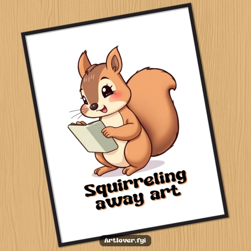 Funny Squirrel Artist Digital Art Print showing a cheeky squirrel with a sketchbook, perfect for instant artistic decor and humor.
