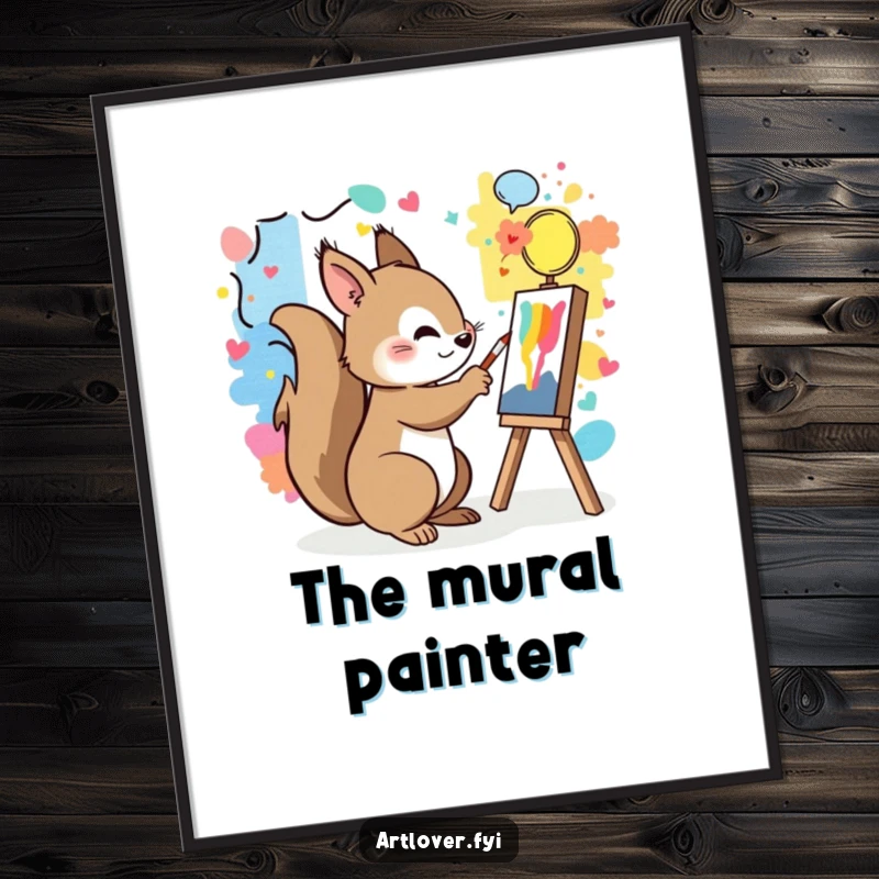Funny digital art print of a playful squirrel painting a colorful mural with artistic flair.