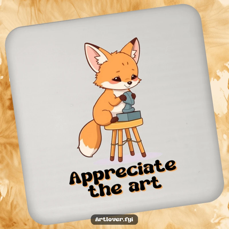 Funny Fox Art Critic Coasters: A curious fox observing a sculpture, humorously protecting surfaces with artistic sophistication.