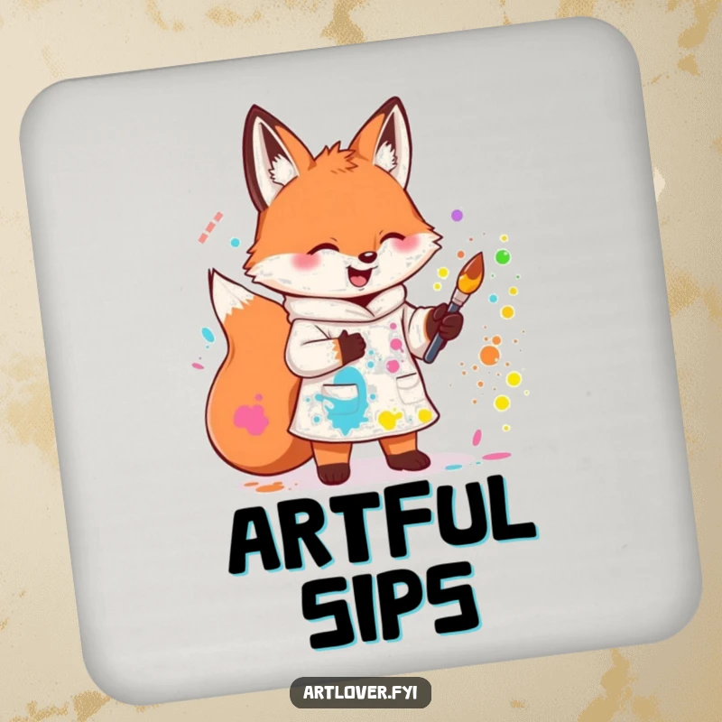 Funny drink coaster with a cute fox artist splattering paint, adding humor and artistic flair. A delightful housewarming gift.