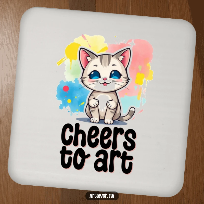 Funny drink coaster with a cat artist proudly displaying a colorful abstract painting, protecting surfaces with style and humor.