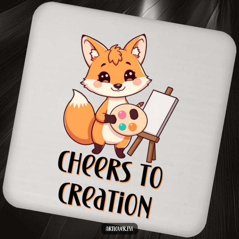 Funny Fox Artist Coaster: A playful fox artist holding a palette and brush, bringing artistic protection, ideal funny gift.