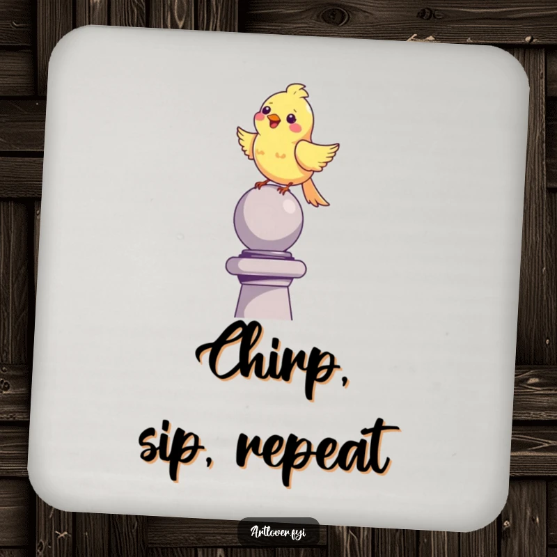 Funny happy bird drink coasters, perched on a sculpture, chirping merrily, protecting surfaces with art.