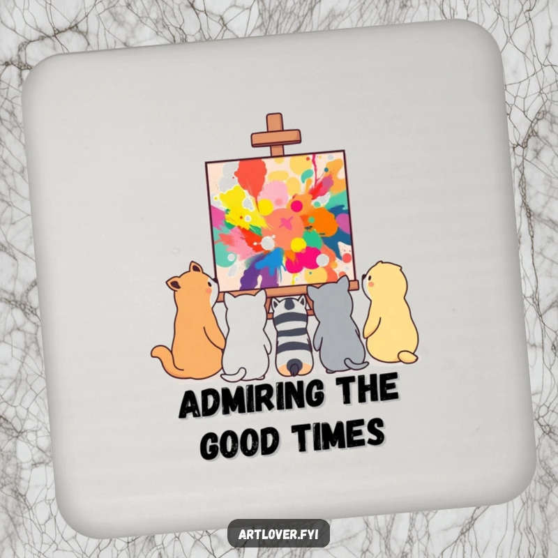 Funny animals admiring a vibrant, abstract painting, a humorous art-themed design on a drink coaster.