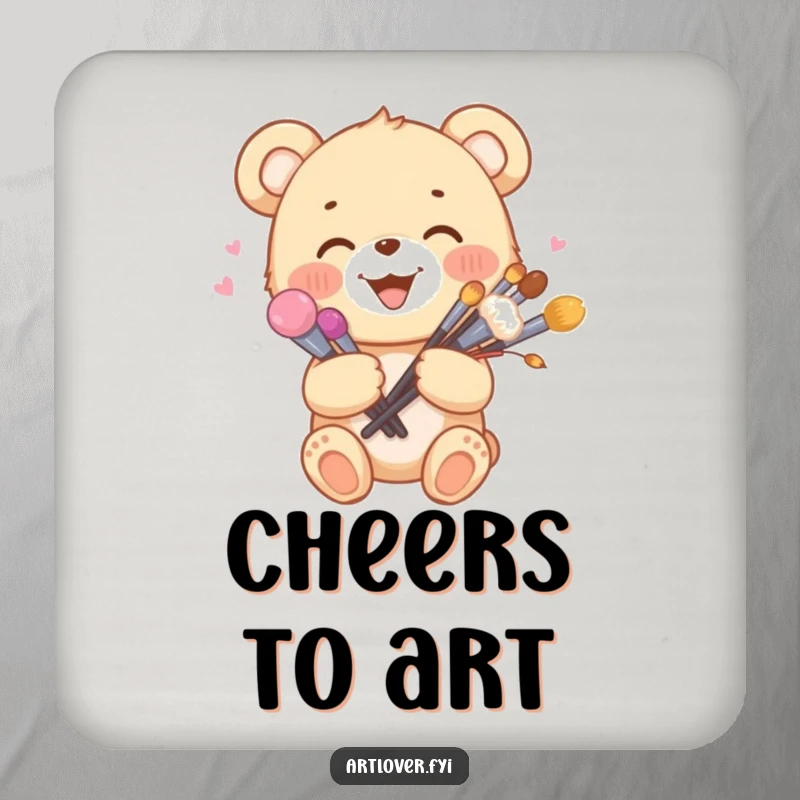 Funny drink coaster depicting a joyful bear cub holding a bouquet of paint brushes, adding artistic flair.